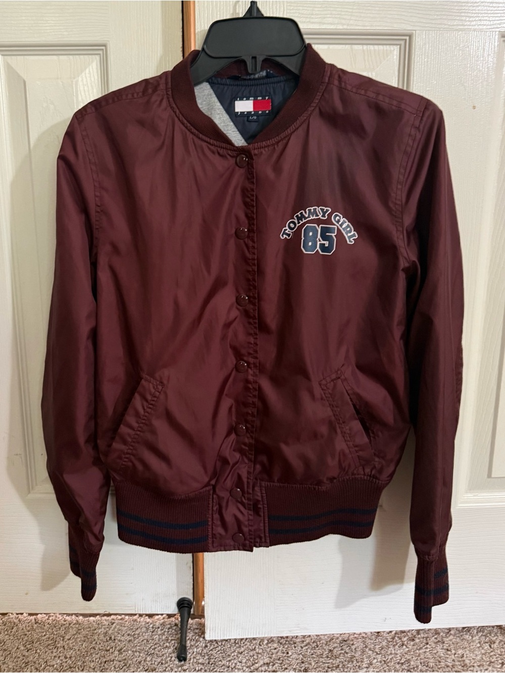 Tommy Jeans Girls Large Burgundy Varsity Bomber Jacket Snap Front